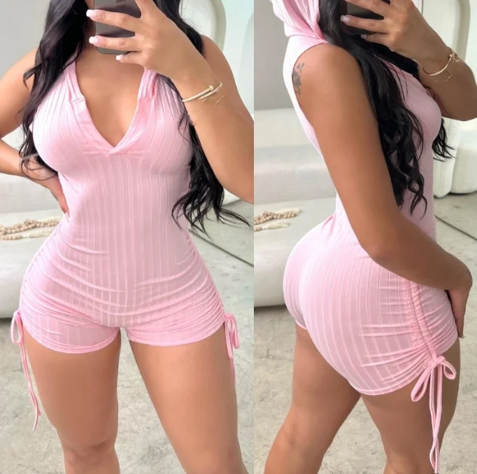 

Sexy Halter Ribbed Playsuit for Women Deep V Neck Backless Side Drawstring Slim Fit Sleeveless High Waist Skinny Hooded Romper