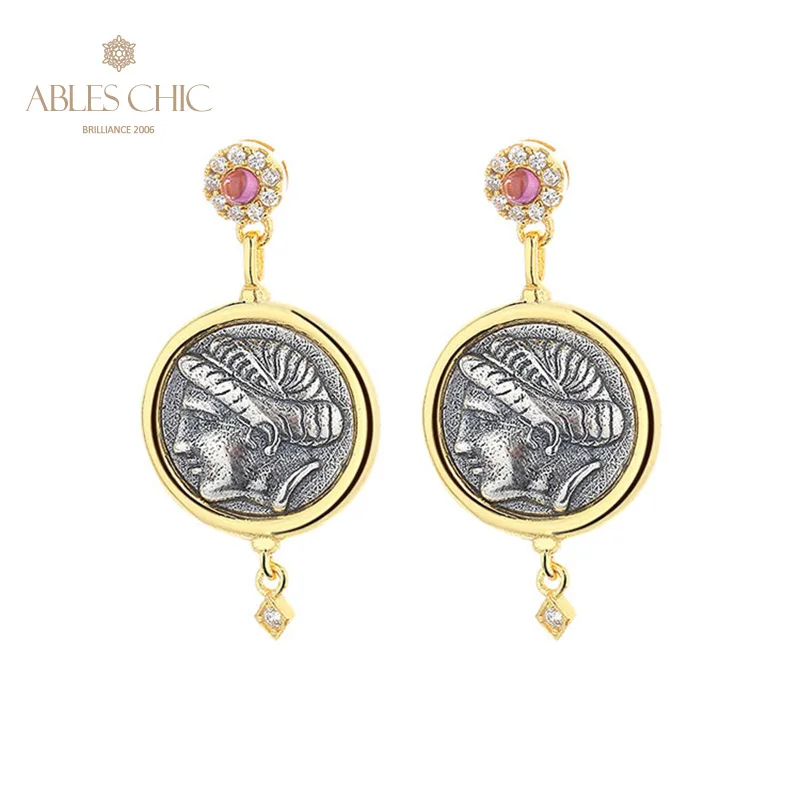 

Aphrodite Goddess of love and beauty Greek Coins 18K Gold Tone Solid 925 Silver Roman Coin Natural Garnet Drop Earrings E1036