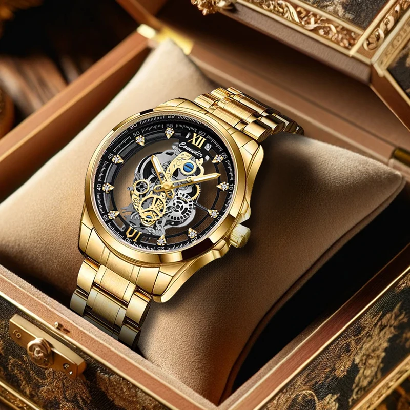 

Мужские элегантные и роскошные высококачественные кварцевые часы-скелетон с золотым корпусом и золотым стальным ремешком, со стразами.