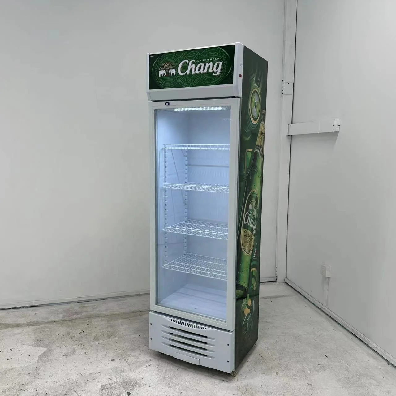 upright merchandising display fridge with custom sticker inside led commercial refrigerator for shop freezer refrigerator