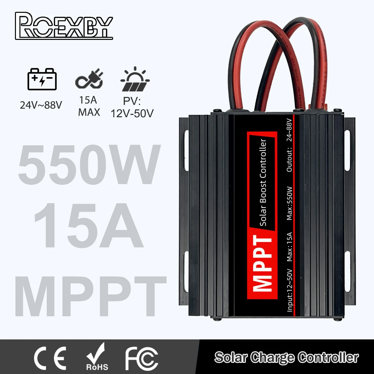 Solar Controller 15A 550W MPPT Booster 12V~50V Input Step-up 24~88V Charging Solar Charger for Lithium Gel AGM