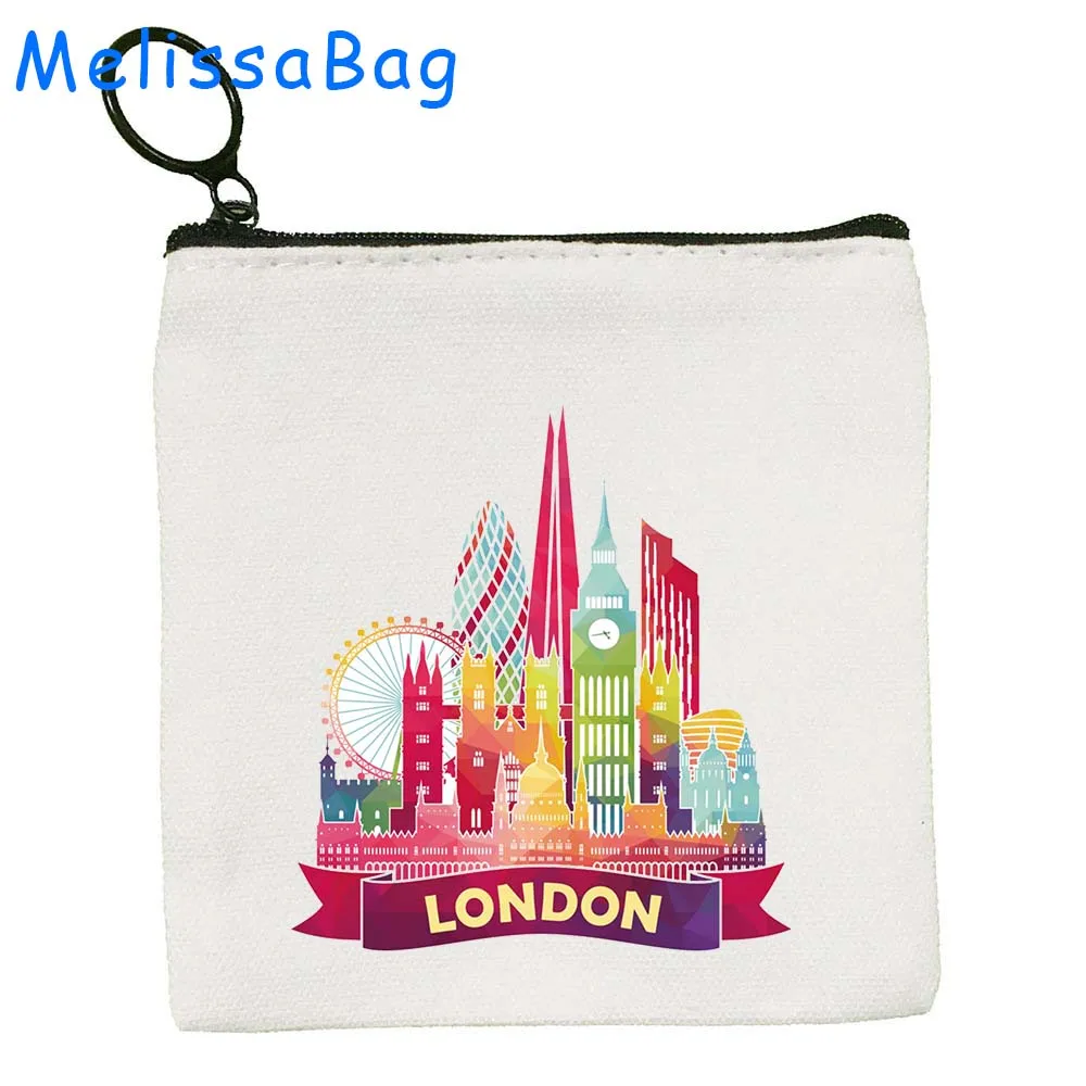 Vintage Big Ben Clock London Bus United Kingdom UK Flag Landmarks England Lover Gift Canvas Coin Purse Key Case Bag Zipper Pouch