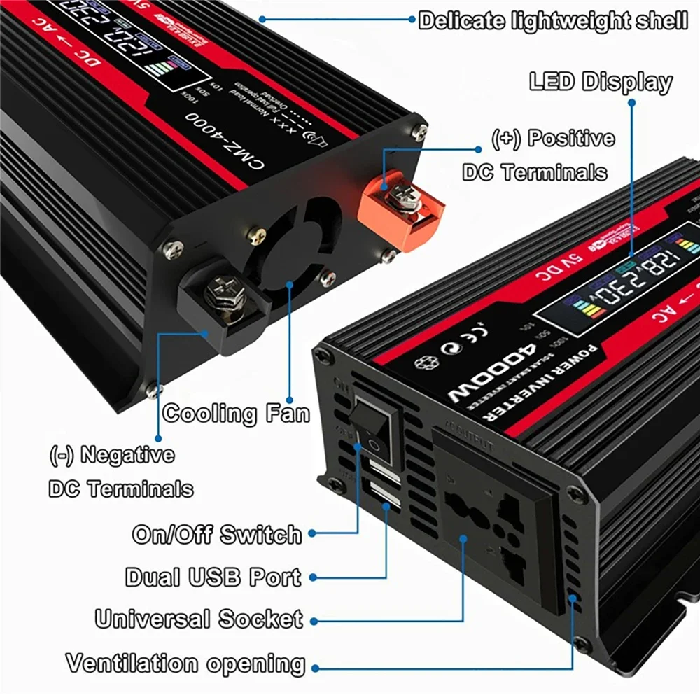 Convertitore sinusoidale modificato da 4000 W con presa universale 2 USB Display LCD intelligente Convertitore di tensione di ricarica rapida da 4,2