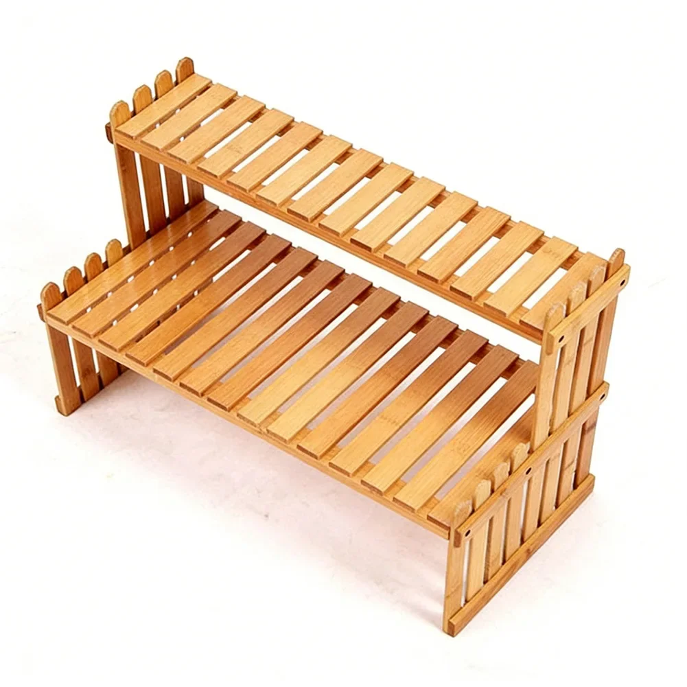 1pc 2 Tiers Plant Stand Shelf Space-Saving Desktop Flower Pot Holder Multi-Purpose Home Garden Wood Shelf Display Storage Rack