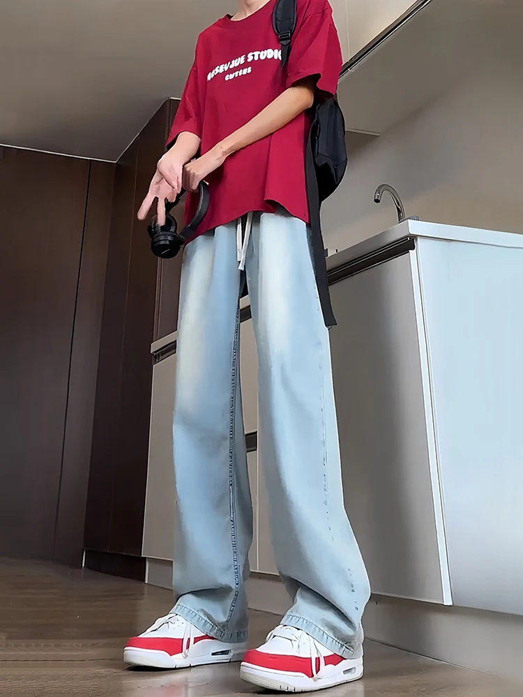 

Light Blue Men's Summer Thin Straight Leg Long Jeans Youth High Waist Loose Fit Breathable Comfortable Straight Leg Jeans