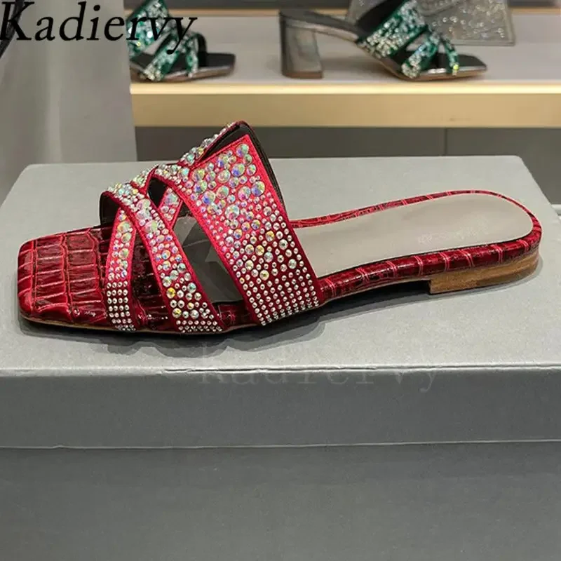 Chinelos de strass Bling para mulheres, Square Peep Toe Mules, Comfort Summer Shoes, Luxury Crystal Slides, Flat Shoes