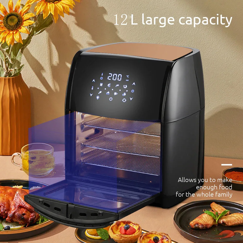 12L Electric Air Fryer Oven Rotisserie Dehydrator 360°Baking LED Touchscreen Large Capacity 5in1Chicken Frying Machine