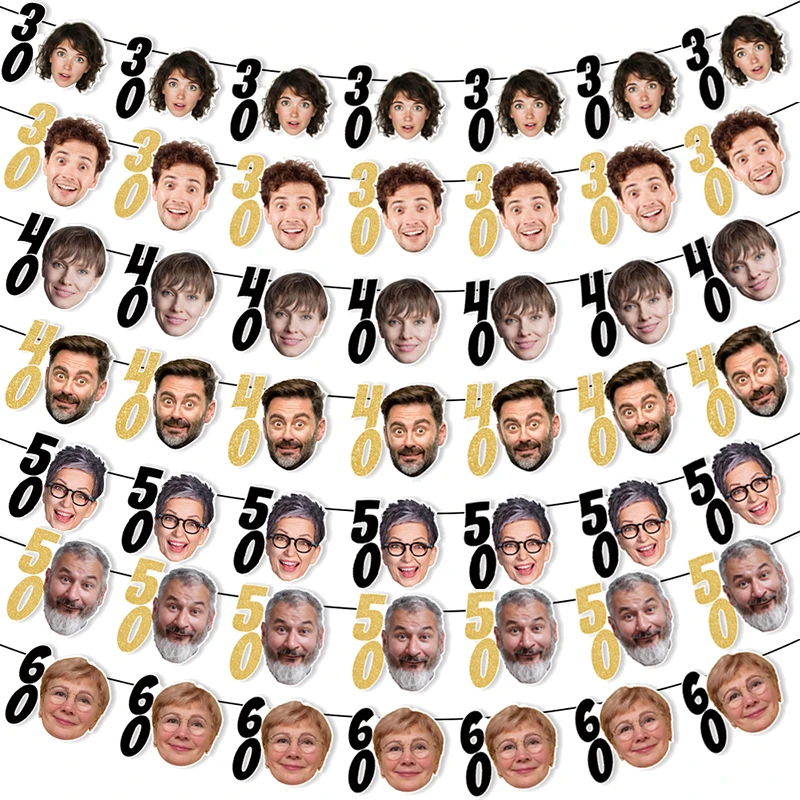 مخصص الذهب الأسود 30 40 50 60 70 سنة حفلة عيد ميلاد الوجه ورق طباعة الصور راية معلقة جارلاند للكبار حفلة عيد ميلاد ديكور