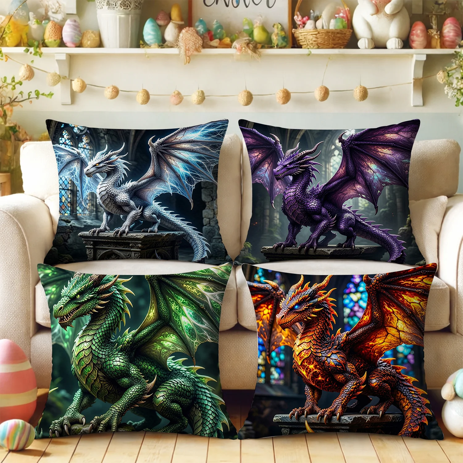 

4pcs Colorful Dragon Cushion Cover Fantasy Mythical Printed Pillow Case Polyester Home Decor Sofa Living Room Bedroom 2D Flat