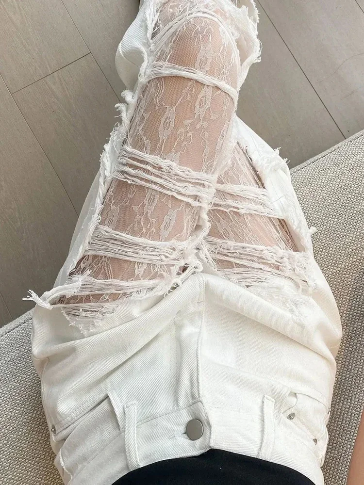 

Белые джинсы с кружевными дырками, женская уличная одежда, ретро джинсовые брюки с высокой талией Y2k, Harajuku, повседневные женские американские джинсы, новинка