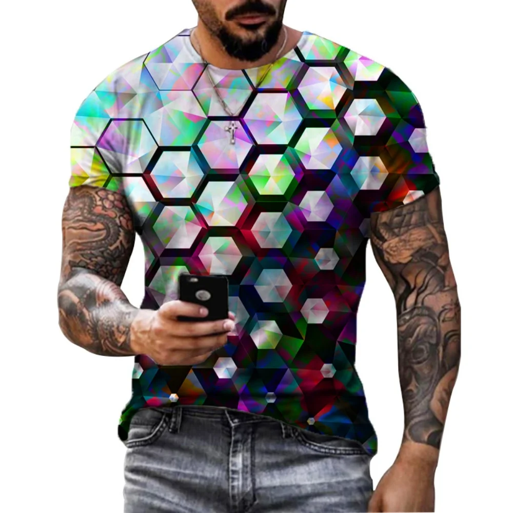 T Shirt for Men 3D Optical Illusion Print Short Sleeve Tops Fashion Gradient Harajuku Streetwear Hip Hop Trend Oversized T-Shirt