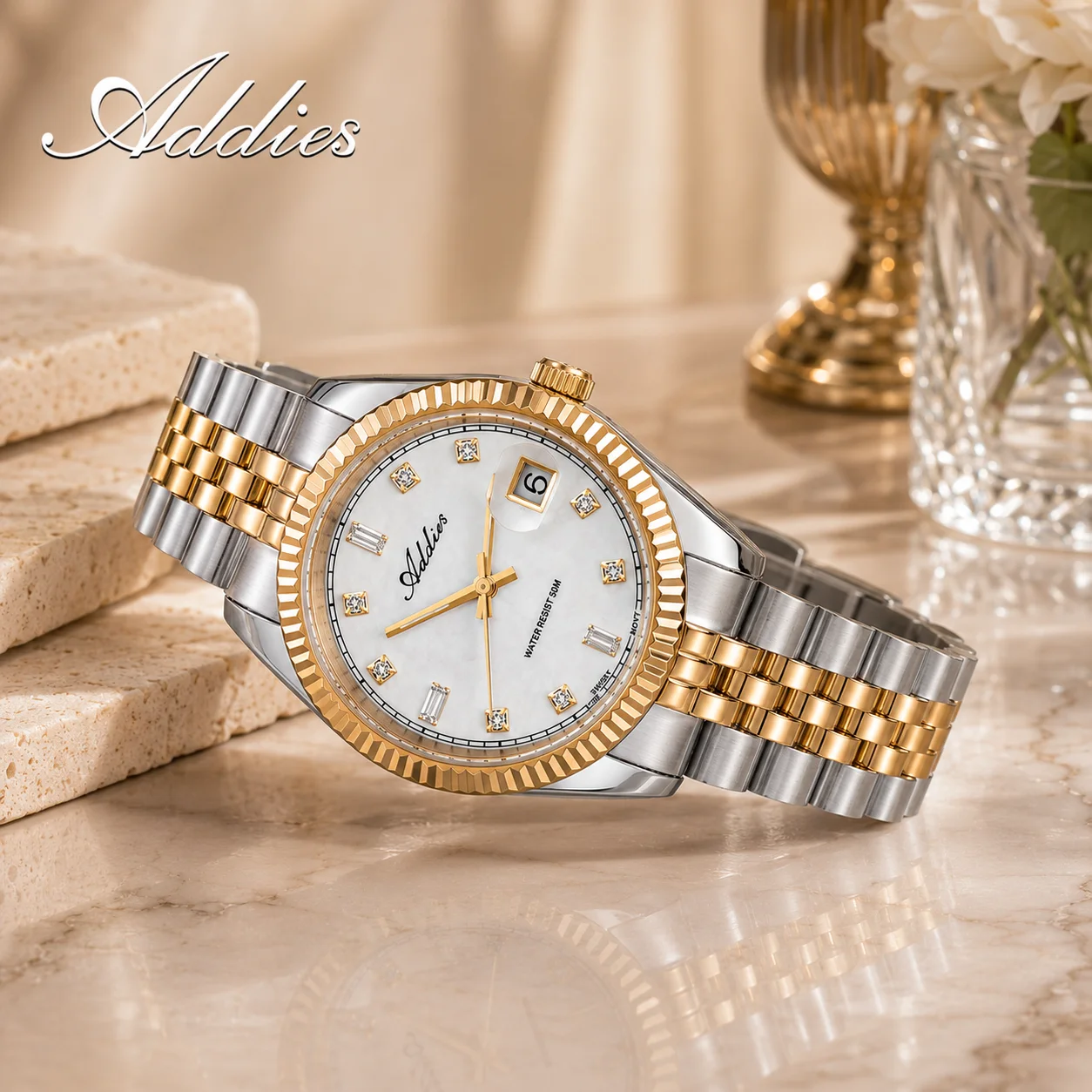 ADDIES 585 Ladies Luxury Gold Quartz Watch Czech rhinestones 5Bar Waterproof Sapphire Glass Watches Dress Wristwatch for Women