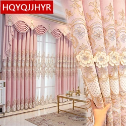HQYQJJHYR European High Quality Pink 3D Embroidered Blackout Curtains For Living Room Bedroom Luxury Custom Villa Curtains