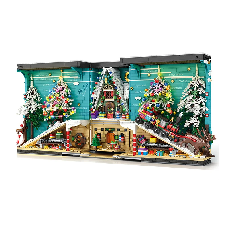 Christmas Atmosphere Architecture Bookend MOC 66033 Tree Train Light Strip Buliding Bricks Street View Model Blocks Toy for Gift