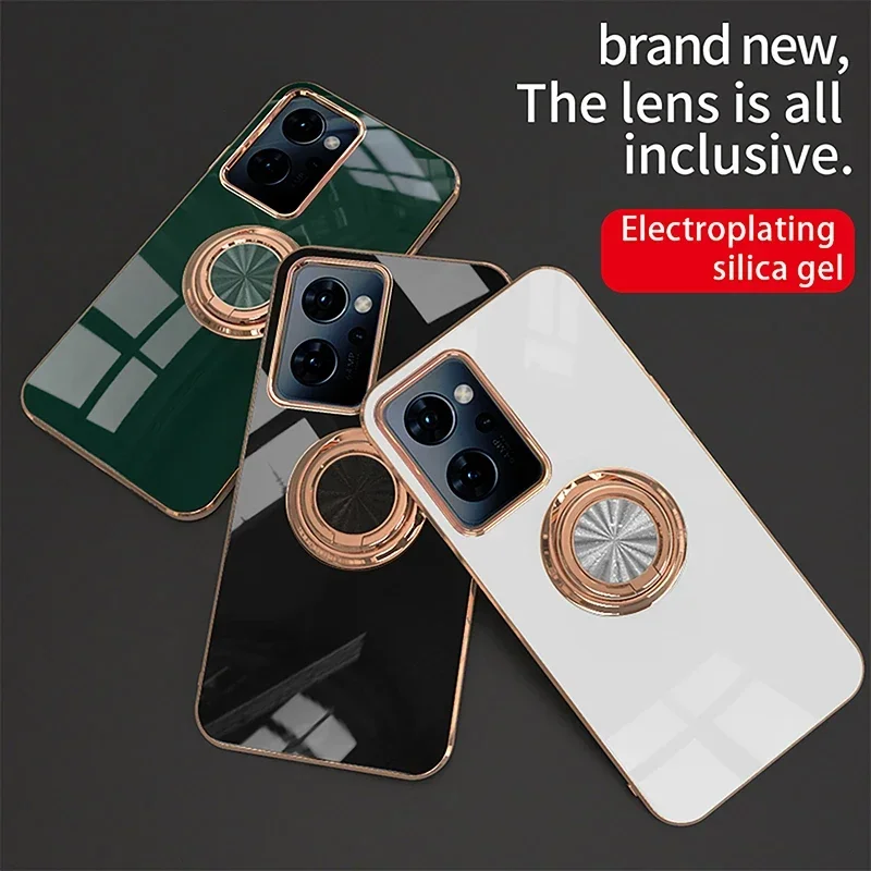 Plating Metal Ring Holder Phone Case for OPPO A79 A96 A77 A57 F21 F21s Pro Reno 7z 8 5 4 3 Pro 7se 9a Magnetic Car Stand Cover