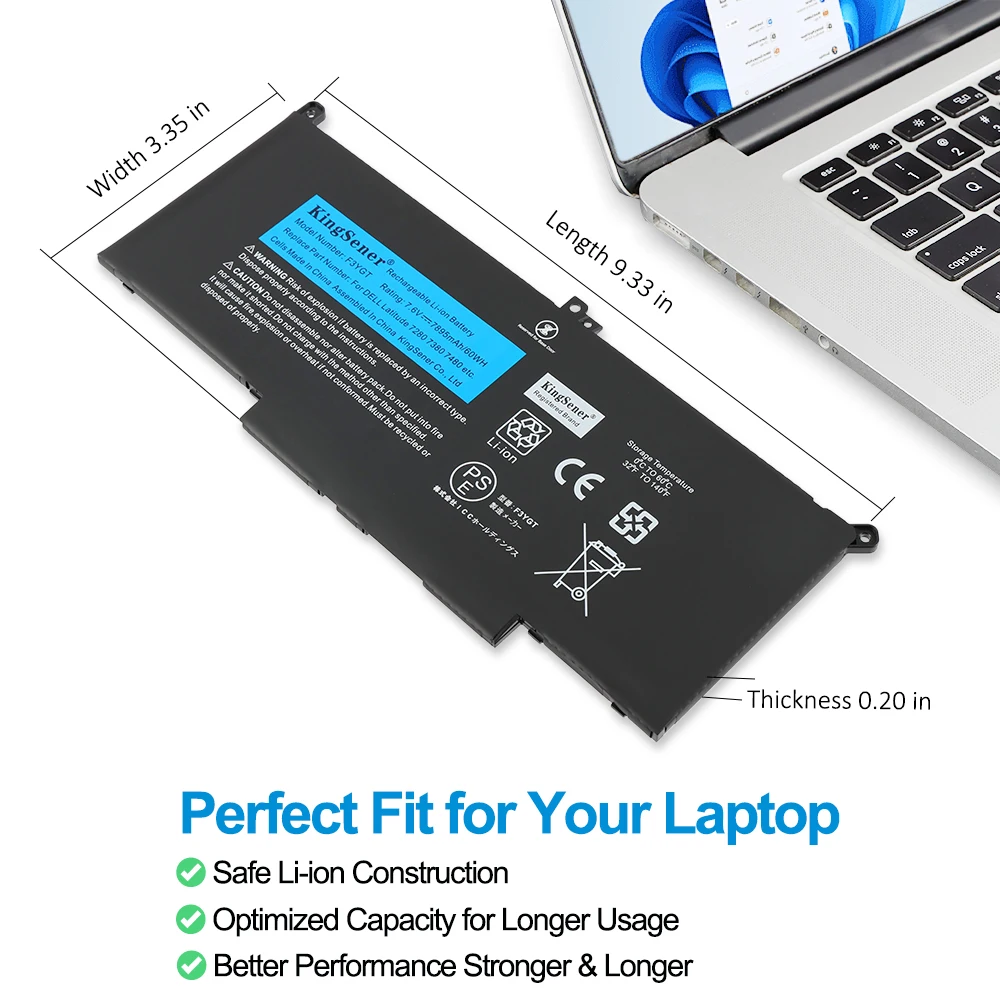 KingSener F3YGT 60WH Laptop Battery for DELL Latitude 12 7000 E7280 E7290 E7380 E7390 E7480 E7490 F3YGT 2X39G DJ1J0