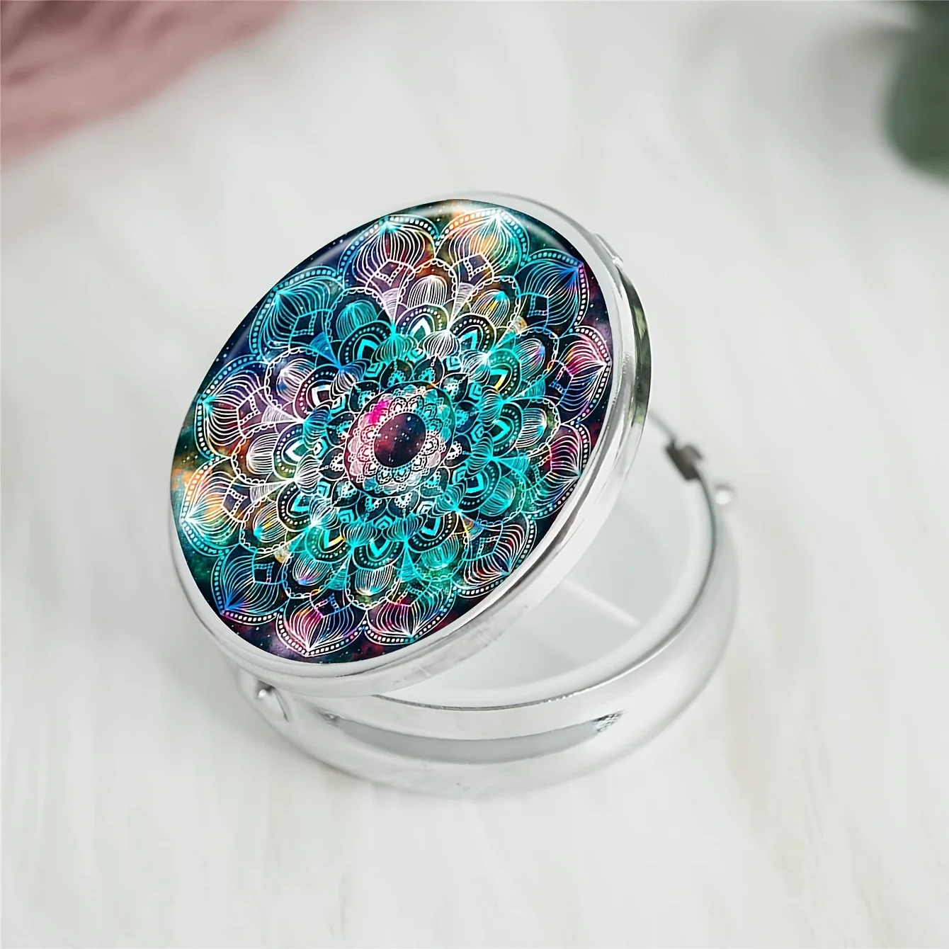 Galaxy Mandala Round Pill Box,3 Compartments Decoration,Pocket Wallet Portable Travel Tablets Vitamin Holder Storage Pill Box