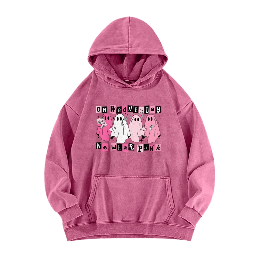 

On Wednesday We Wear Pink Halloween Sweatshirt, Cute Pink Ghost Shirt, Boo Book Halloween Sweater, Casual Washed Hoodie