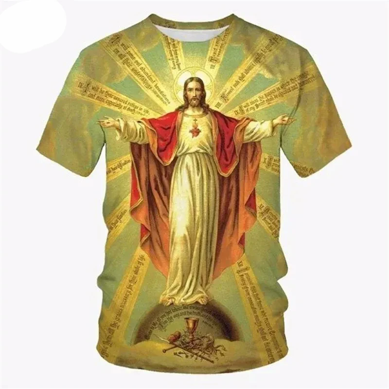 Jesus 3D Printed T-shirt Men's Clothing Round Neck Short Sleeves T Shirts Street Wear Christian Summer Casual Fashion Tops Tees