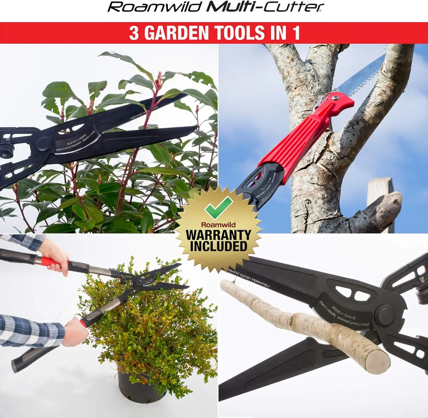 Roamwild Multi-Cutter | 3 Garden Tools In 1 | Hedge Shears, Bypass Loppers & Long Reach Pruning Saw | Features Extendable