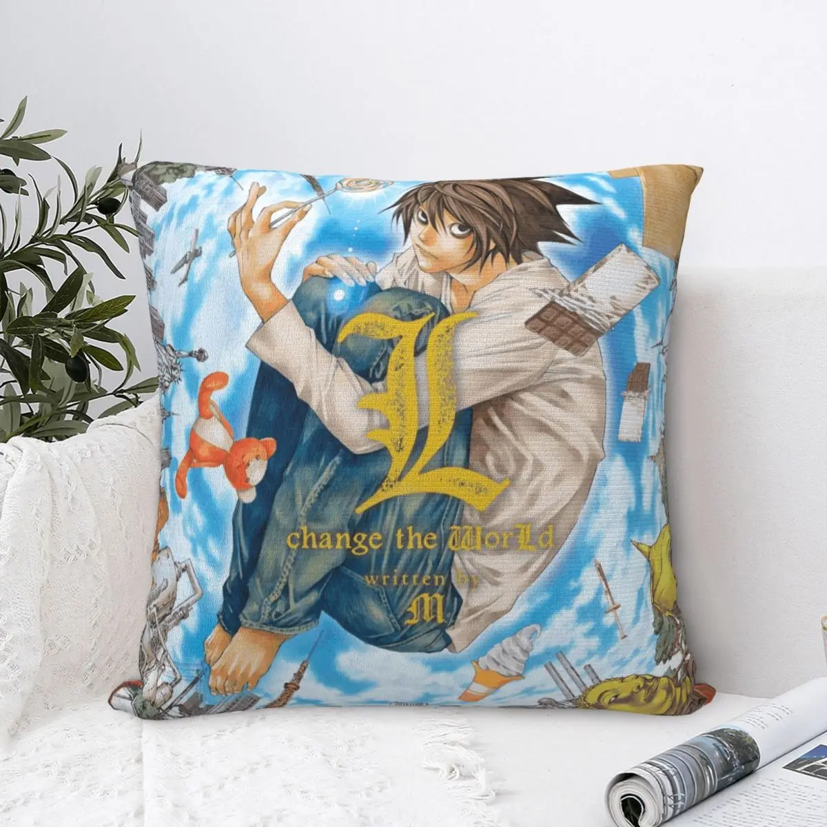 Change The World Death Note Pillowcase  Cushion Cover Decorative Manga L Lawliet Pillow Case Cover Living Room Square 40X40cm