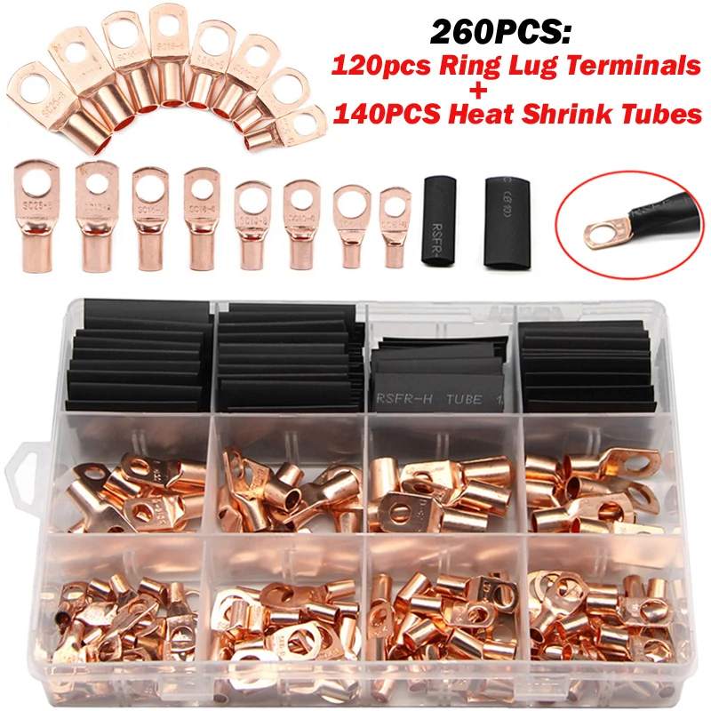 60/100/260PCS Copper Terminal Connectors Ring Lug Kit with Shrink Tubing Bolt Hole Cable Lugs Suit SC6-6 SC10-6 SC16-6 SC25-6