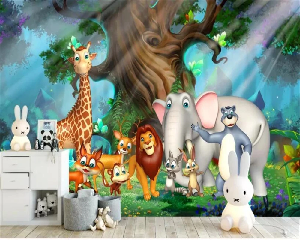 Customized wallpaper 3D Cartoon Forest Giraffe Elephant Animal World Children's Room mural Living room TV background bedroom 8d