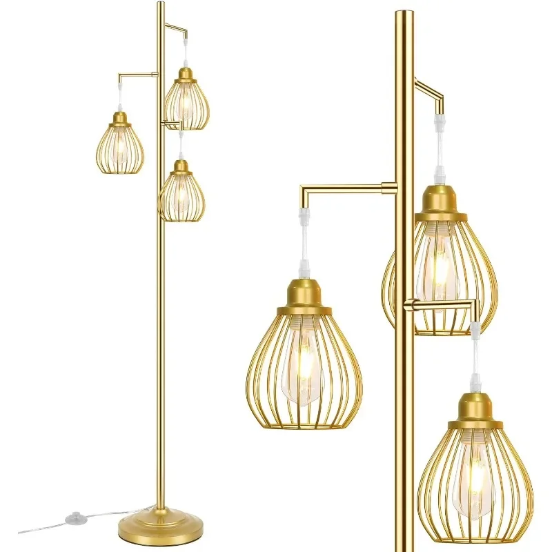 

Floor Lamp for Living Room, with 3 Elegant Teardrop Cage Heads & ST58 Edison LED Bulbs, Sturdy Base Tall Vintage Pole Light