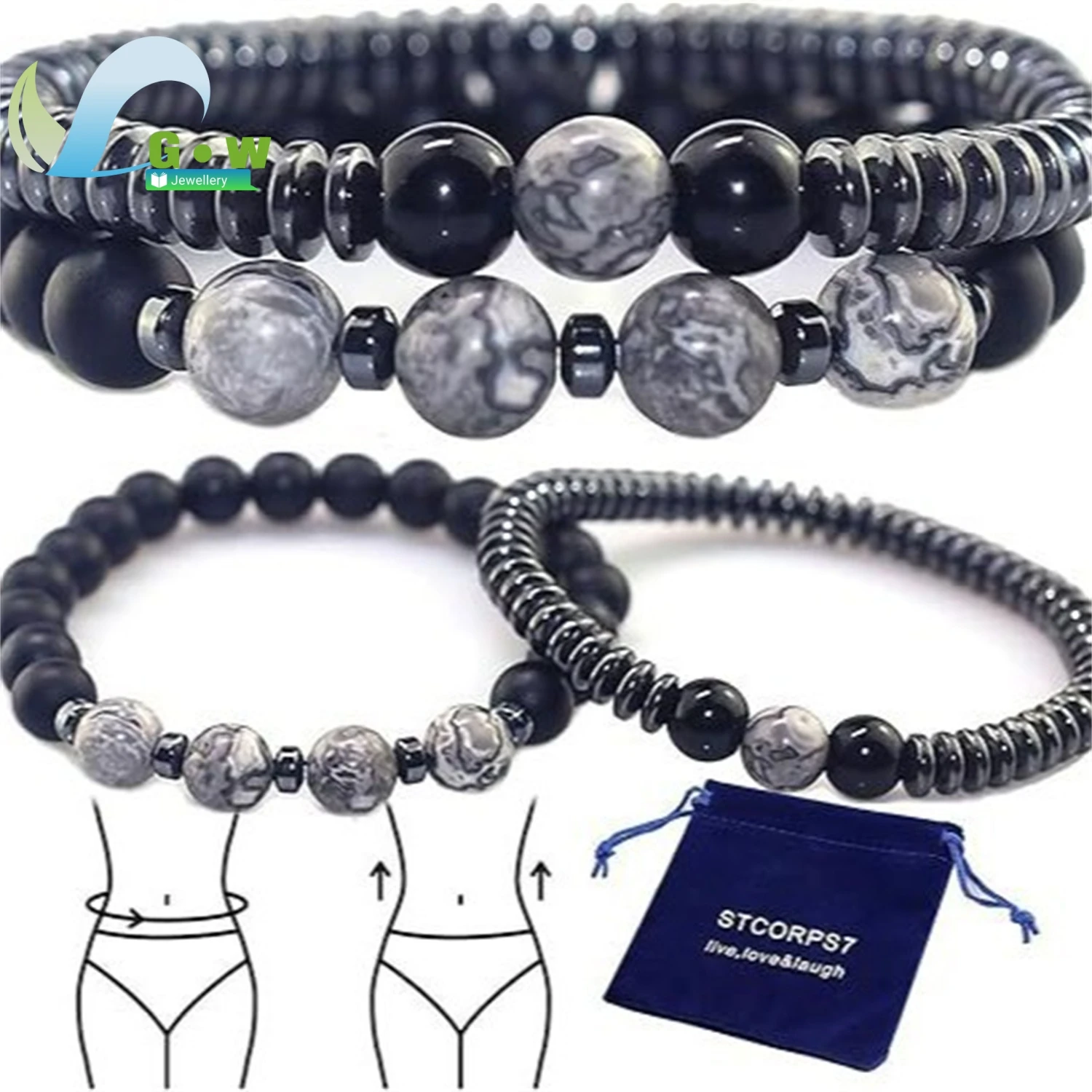 Stylish Mens Bracelet Set Matte Black Obsidian Map Stone Beads Combination 2-Piece Motivational Gift for Easter Birthday Women