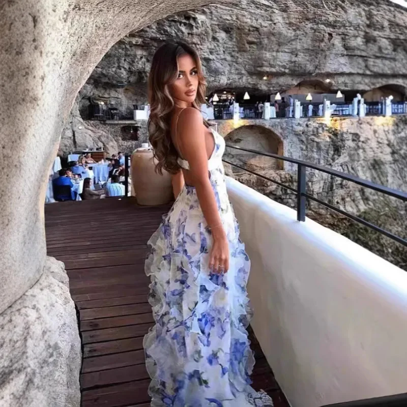 Elegancka szyfonowa sukienka na ramiączkach z kwiatowym nadrukiem i falbanką na dole Seksowna sukienka na ramiączkach z dekoltem w szpic i odkrytymi plecami Letnia moda damska sukienka na wakacje