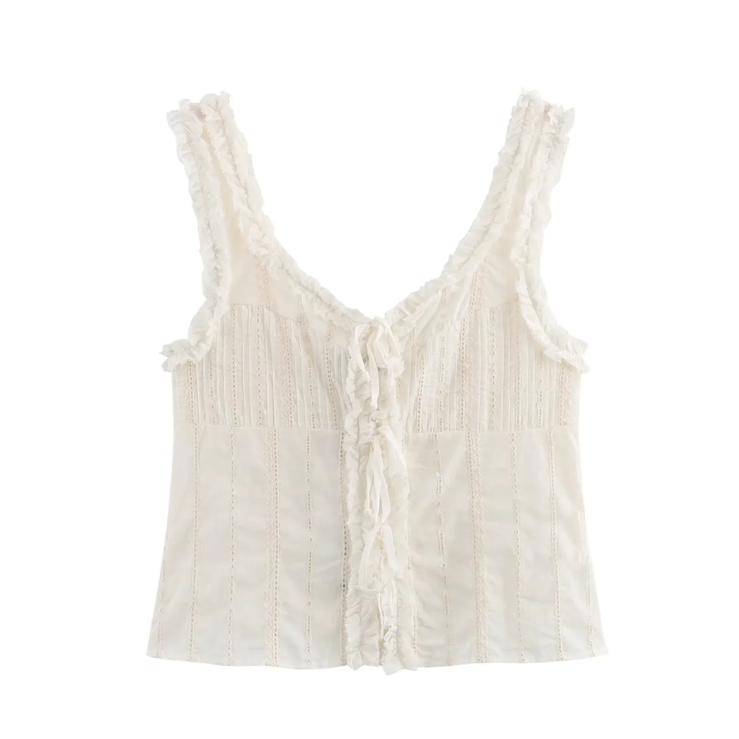 

ZBZA Summer New Women's Faion Design Sense Knot Embroidery Top Versatile Sli Polyester Fiber Vest Svel