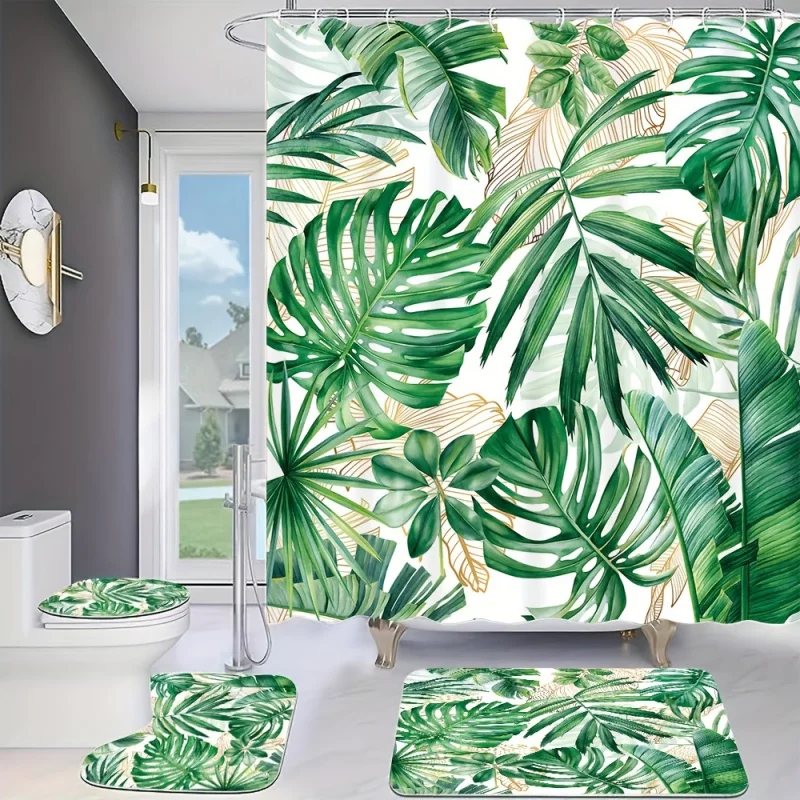 Tropical Leaf Print Bathroom Set: Includes 12 Free Hooks, Waterproof Shower Curtain, Non-Slip Bath Mat, Toilet Seat Cover, and B