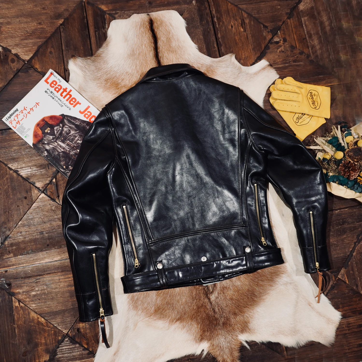 Tailor Brando Full-grain Vegetable-tanned Tea-core Horse Leather J24 Men's Genuine Leather Double Rider Jacket