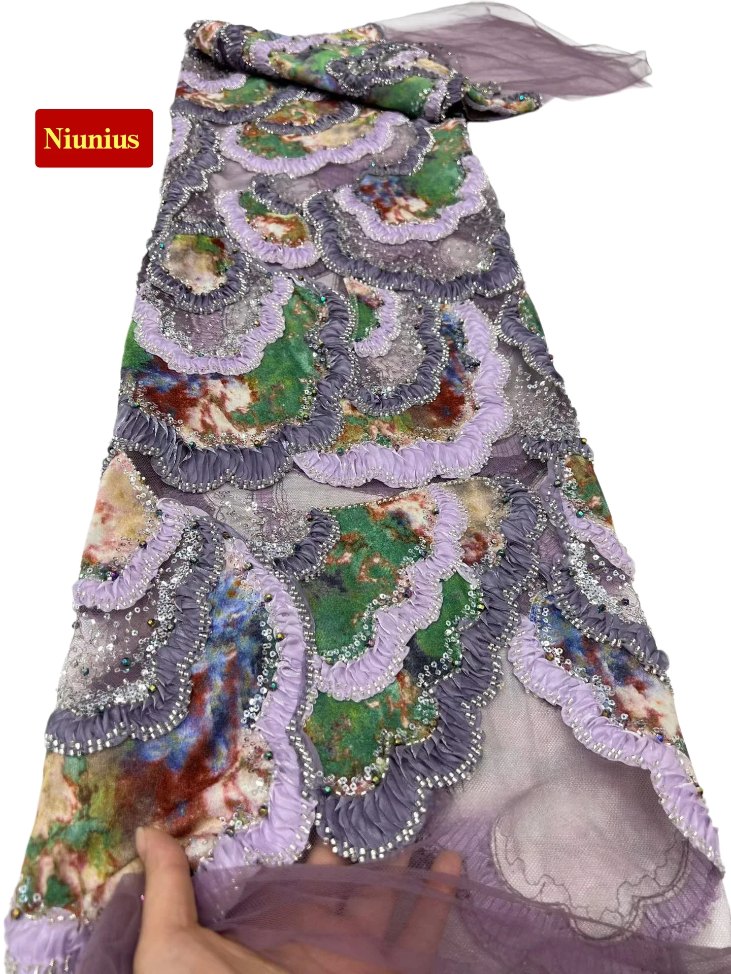 

2026Elegant Wedding Evening Dress Fabric-High Quality Luxurious Soft Chiffon Mesh Beaded Tube Lace with Stones Fabric NN6382_R