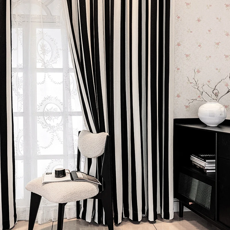 

Modern Simple Black White Stripes Curtain Extra Thick Double-sided Chenille 80% Blackout Curtains for Living Room Offices Bedroo