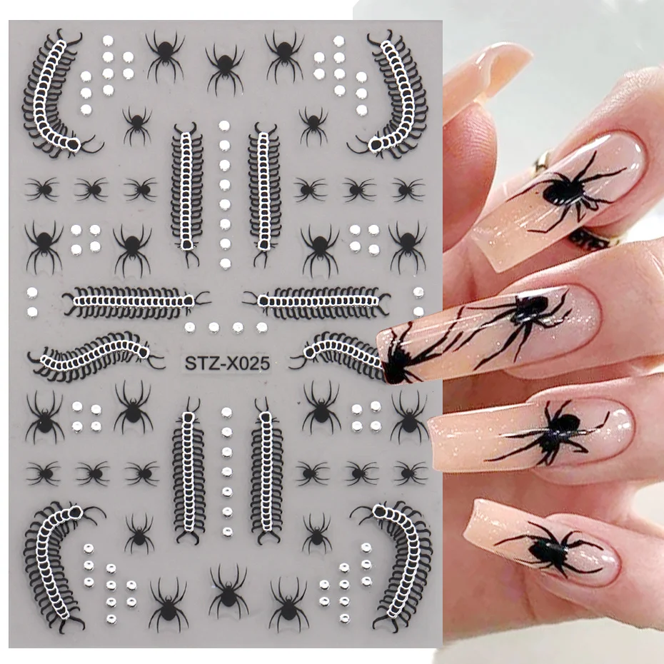 2pcs 3D Centipede Spider Halloween Nail Stickers Y2K Metallic Chrome Designs Self-Adhesive Sliders Decals Nail Art Decorations