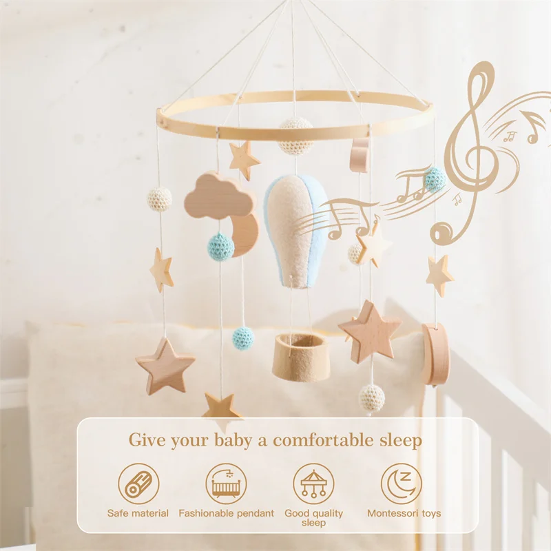 Berço móvel cama de madeira Bell, brinquedo chocalho, feltro macio, balão de ar quente, Wind Chime pingente, conforto recém-nascido, cama Bell brinquedos, presente