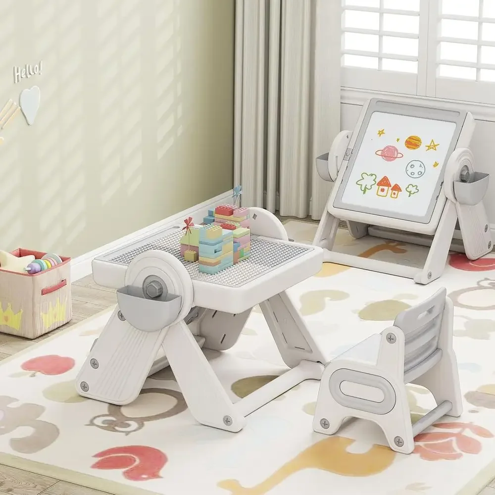 Multifunctional Height-Adjustable Art Easel with Whiteboard, Building Blocks, Bookshelves, and Storage for Toddlers (Gray)