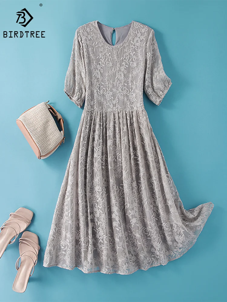 

Birdtree 100% Real Silk Dresses Women O Necks Embroidery Luxury Short Sleeve Beach Vocation Midi Dress Summer D36428JM