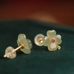 Natural Green Real Jade Clover Earrings Amulets Women Fashion Jewelry Lucky Ear Studs Gemstone Accessories Luxury Stone