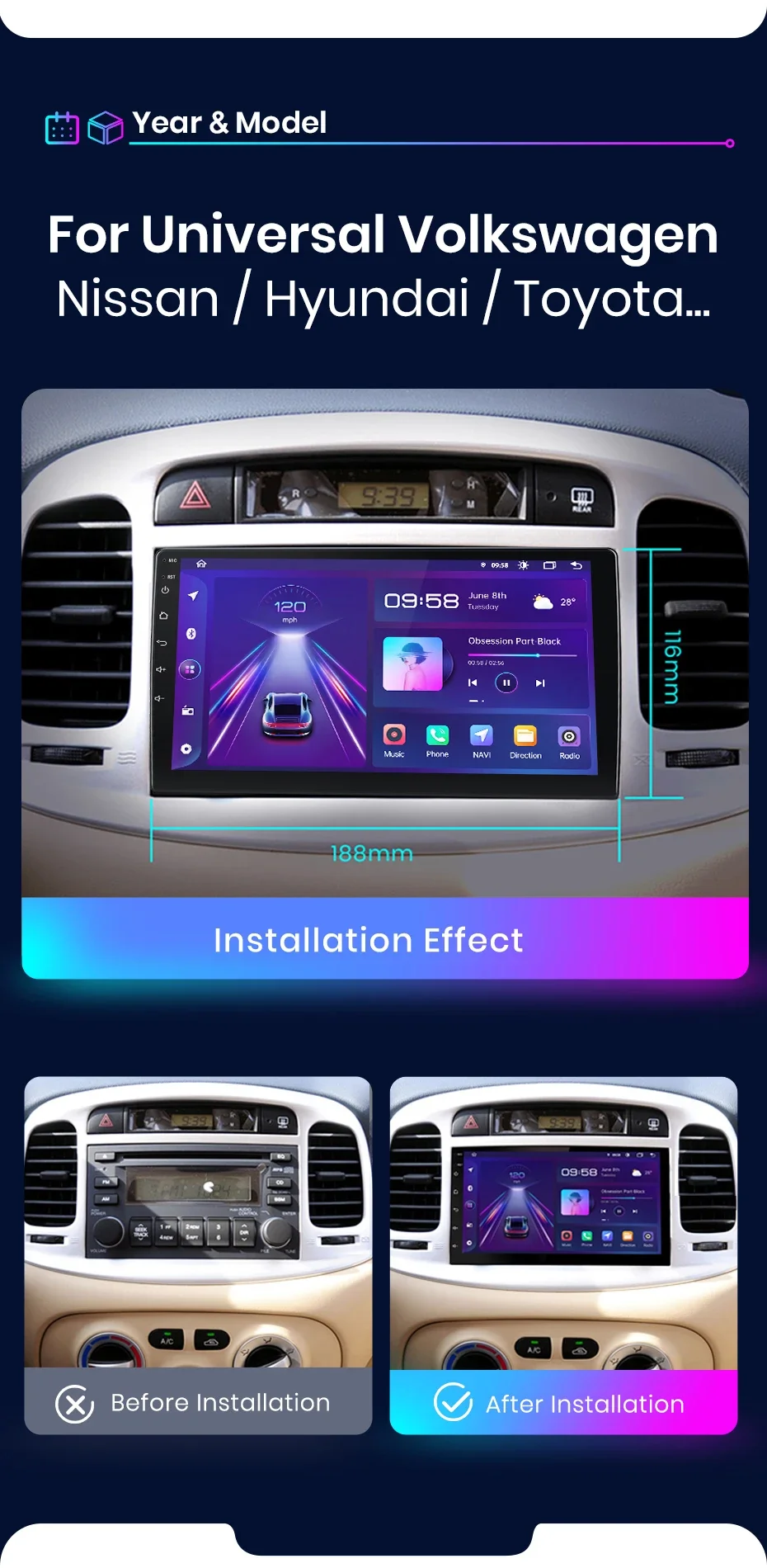Junsun 7' 9'10' Universelles CarPlay Android Auto Radio für VW Volkswagen Fiat Renault Nissan Toyota Hyundai 4G Auto-Multimedia-Autoradio – Detail 5