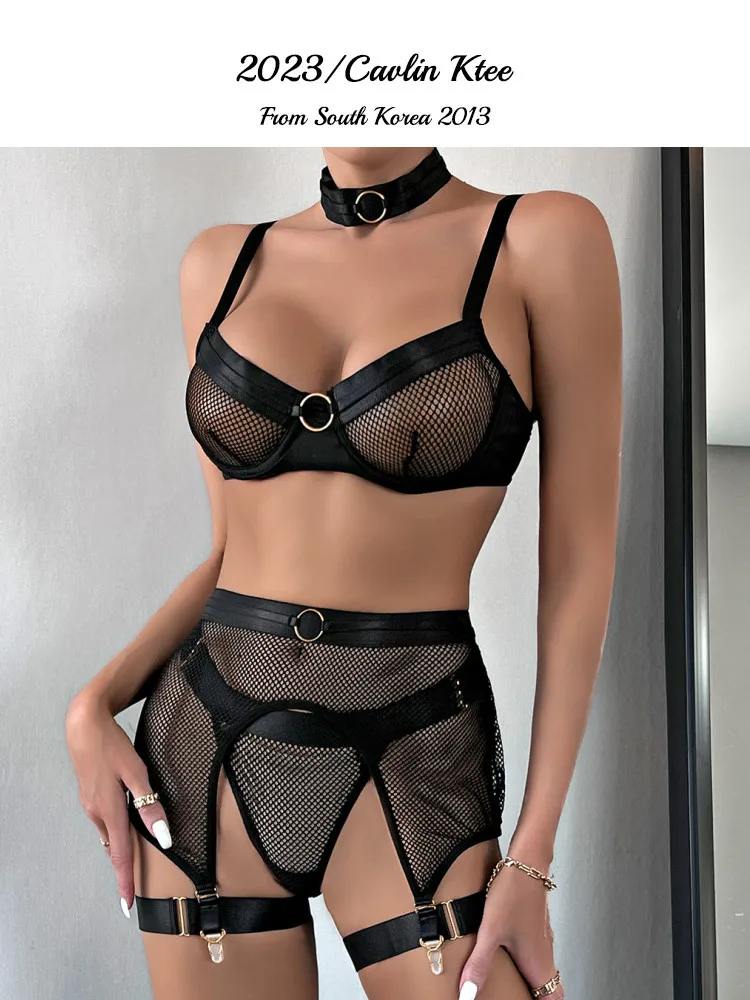 

Cavlin Ktee Europe and the United States Hot Sexy Erotic Lingerie Exy Mesh Stitching Hanging Neck Gathering Comfortable Four-pie