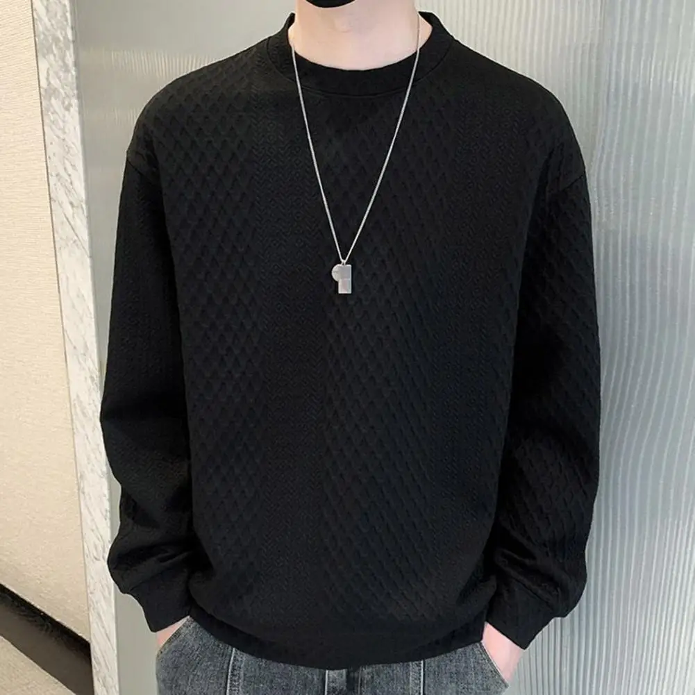 Men Spring Fall Sweatshirt Rhombus Applique Round Neck Thick Sweatshirt Long Sleeve Loose Pullover Comfortable Men Daily Top