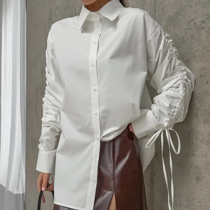 

2026 White T-shirt Women's Cotton Irregular Top Elegant Long Sleeve Drawstring Fashion Joker Shirt Loose Tops