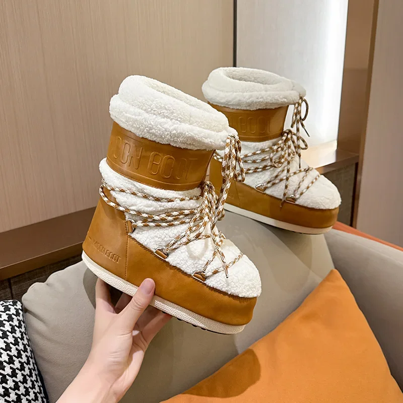 Women's Winter 2024 New Fleece-Lined Thickened Warm Cotton Boots Anti-Slip Wear-Resistant Tie-Up Bread Short Boots