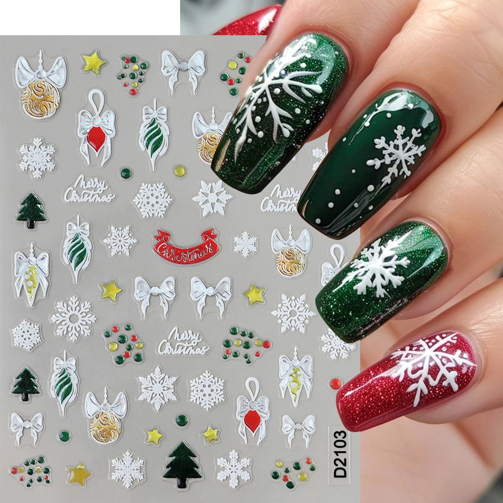 

1PC 5D Christmas Nail Art Sticker White Bowknot Snowflake Embossed Xmas Tree Nail Decal Soft Relief Manicure Decorative Sliders
