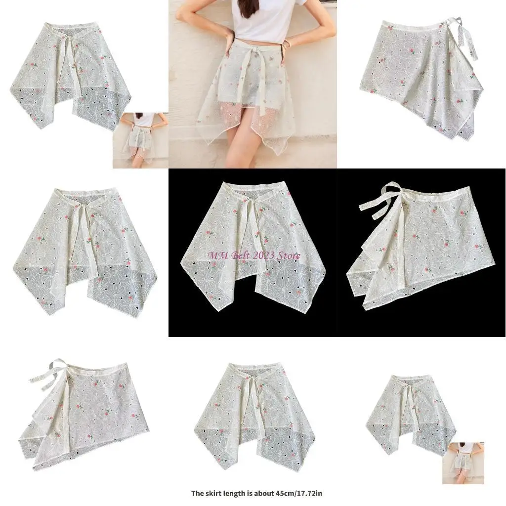 

49ME Women Hip Scarf Layered Apron Skirt Embroidery Flower Mini Overskirt Streetwear