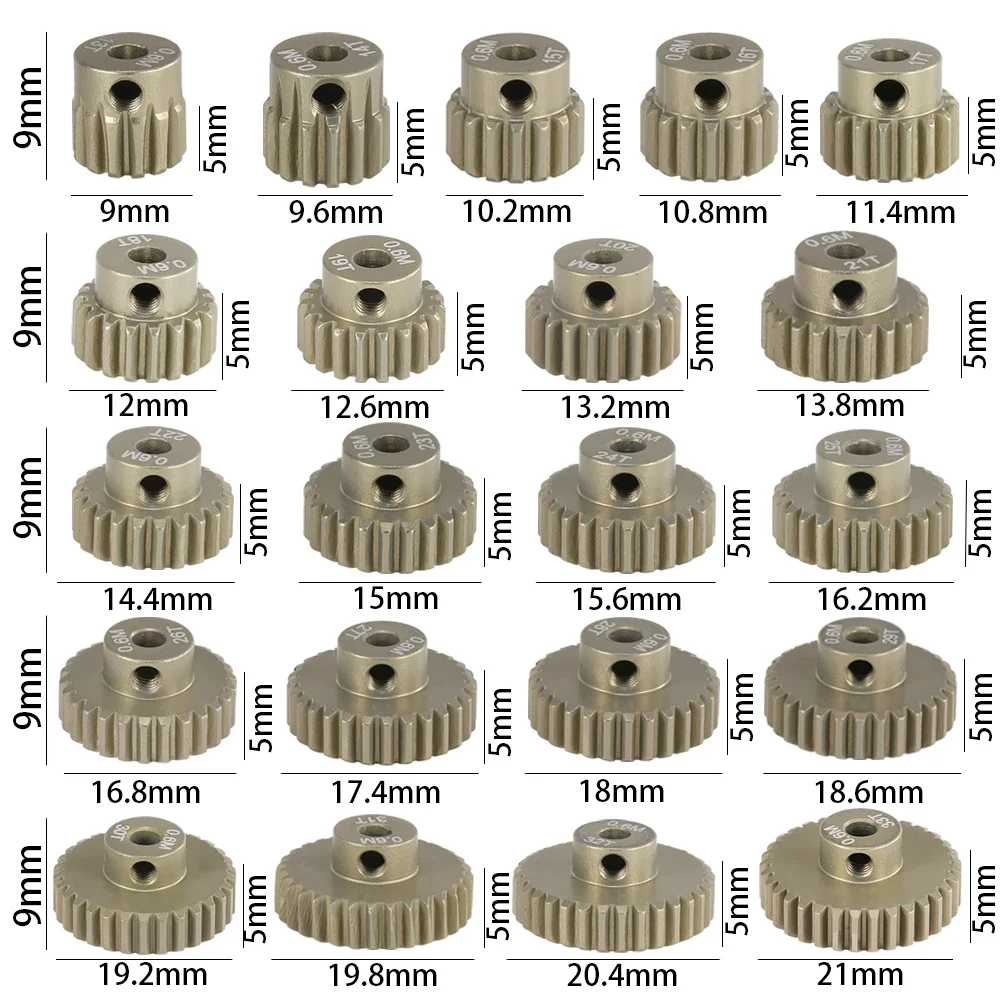 5 peças 0.6m 3.175mm pinhão engrenagem do motor 7075 liga de alumínio metal 13t 14t 15t 16t 17t 19t 20t 22t 26t 29t 31t 33t 1/10 peças de carro rc