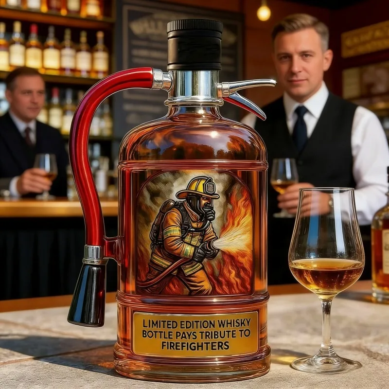 Whiskey Bottle Tribute to Firefighters, Collectible Fireman Themed Whisky Decanter with Fire Hose Design, Unique Gift