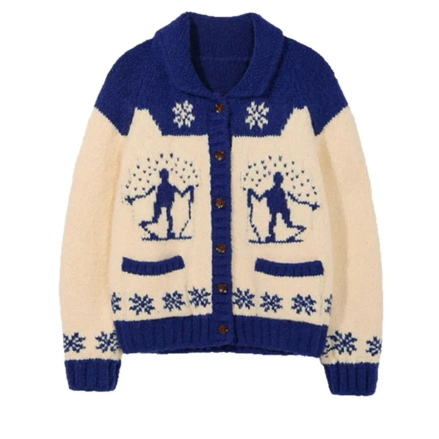 

Knitted Cardigan Sweaters Women Jacquard Jumpers Color Blocked Pocket Turn Down Collar Single Breasted Casual 2025 Autumn Winter